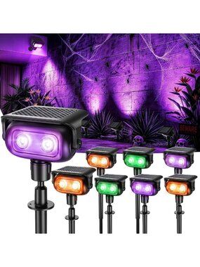 8 Pack Solar RGB Spot Lights for Outdoor Halloween Landscape Lighting